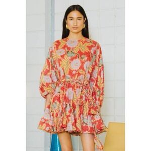 Rhode Resort Ella Dress Red Yellow Floral Batik Cotton Mini Dress Women's XS